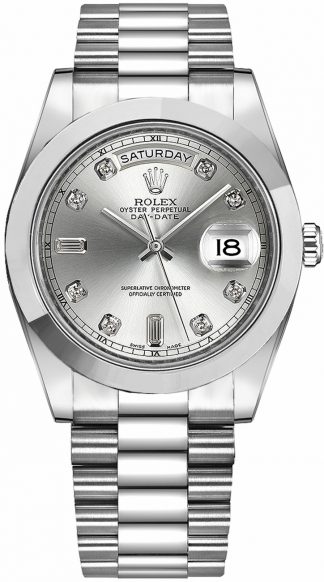Rolex Day-Date 41 Silver Diamond Dial Platinum Men's Watch 218206
